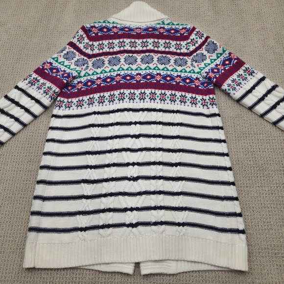 Talbots Fair Isle Cardigan Cable Knit Sweater White Blue Red Womens Small‎ - Picture 2 of 6